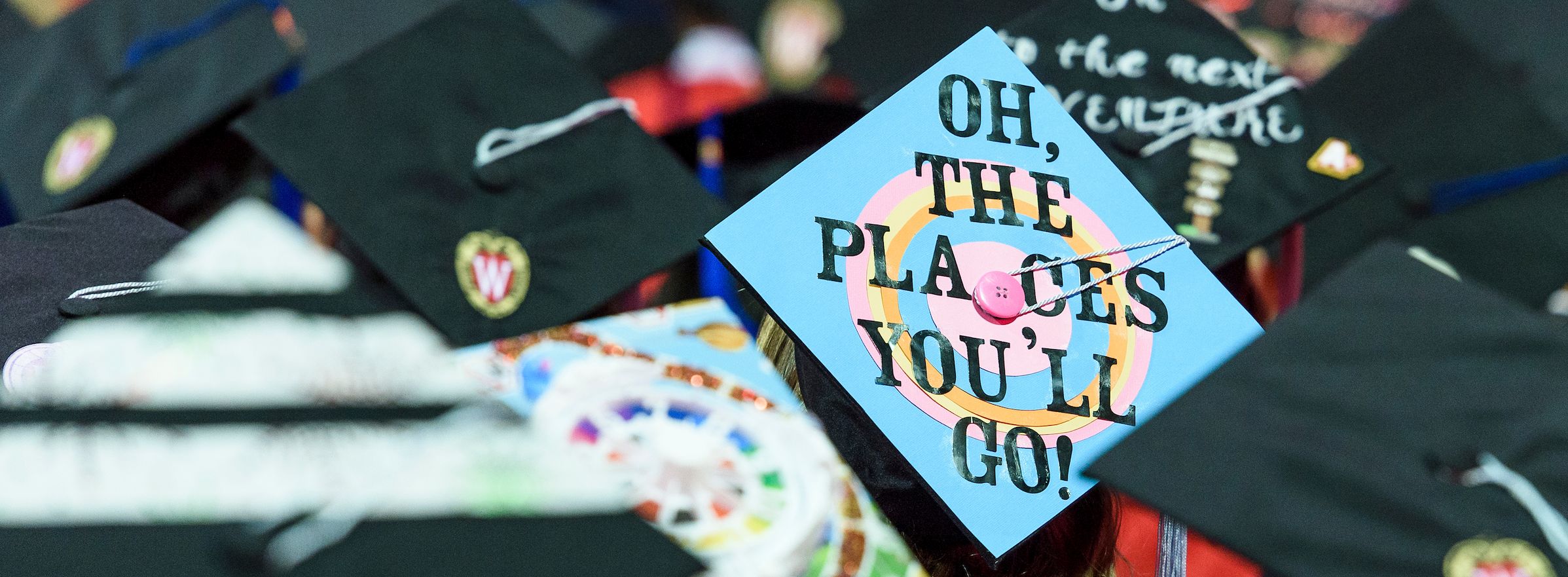 Graduation hat decorated with "Oh, the places you'll go!"