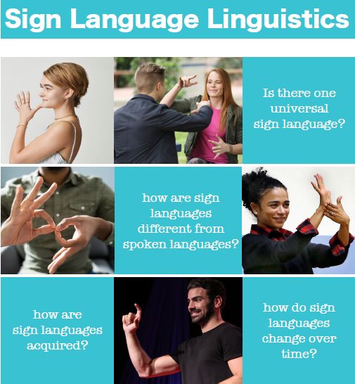Sign Language Linguistics poster: Is there one universal sign language? How are sign languages different from spoken languages? How are sign langauges acquired? How do sign languages change over time?