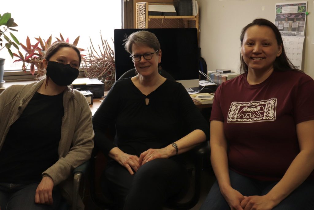 Professor Macaulay (center) in the lab with graduate students Vivian Nash and Yolanda Pushetonequa